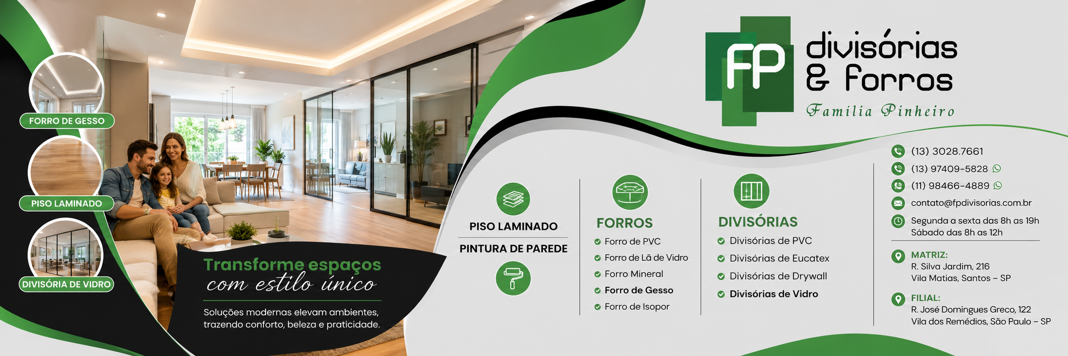 Banner institucional da FP Divisórias com chamada para forros e divisórias em Santos